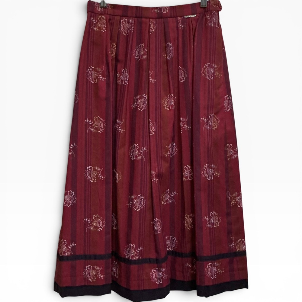 Vintage Geiger Tyrol Austria 100% Cotton Burgundy Floral Pleated Midi Skirt Sz 8